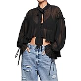 GORGLITTER Women's Ruffle Chiffon Top Tie Neck Flounce Long Sleeve Cropped Blouse Shirt