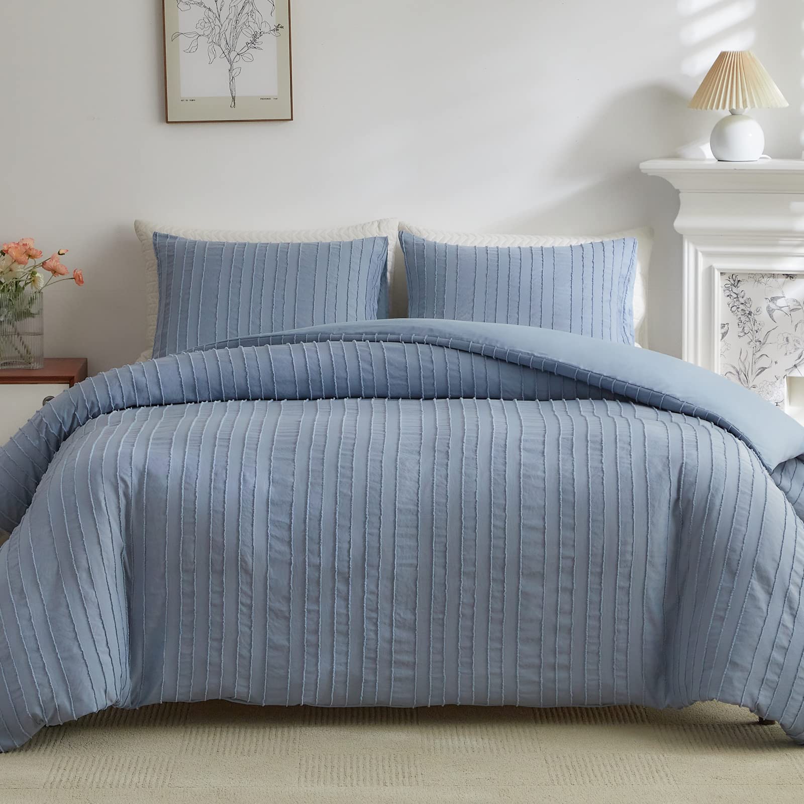 3 Pcs Duvet Cover Set 100% Egyptian Cotton 1000 Thread Count with Zipper Closure & Corner Ties - Full/Queen Size (90 x 90) Inch, White Stripe