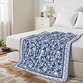 Blue White Floral Blanket for Bed, Couch, Soft Cozy Flannel Chinoiserie Throw Blanket Reversible Sofa Lightweight Breathable Rustic Stylish Home Decor Blanket Navy Blue 50 x 60 Inch