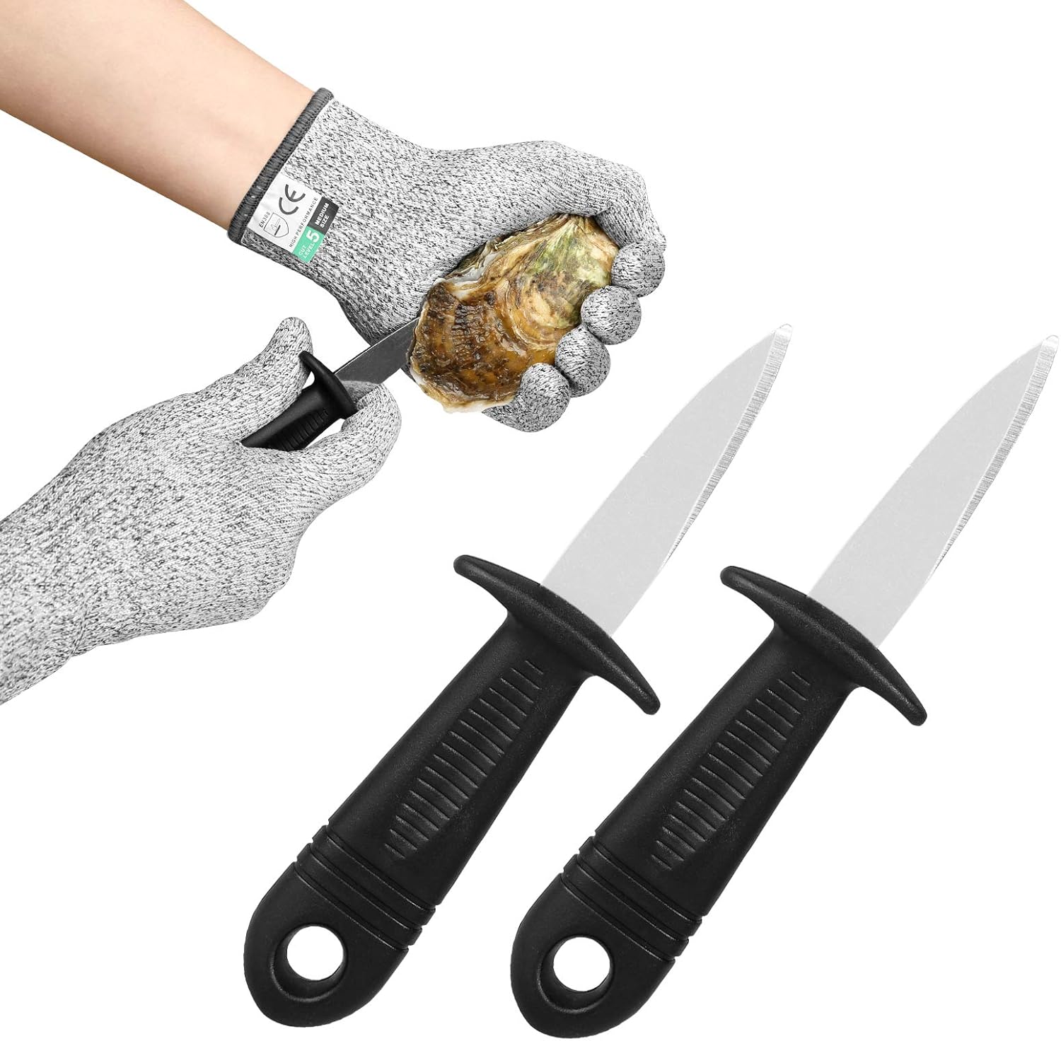LASMEX Oyster Shucking Knife，Oyster Knives Shucker Opener and Cut Resistant Gloves Set Kit Tool for Fresh Oyster Clams Seafood Stainless Steel Oyster knives for BBQ - 2 Knifes 1 Pair Gloves (L)