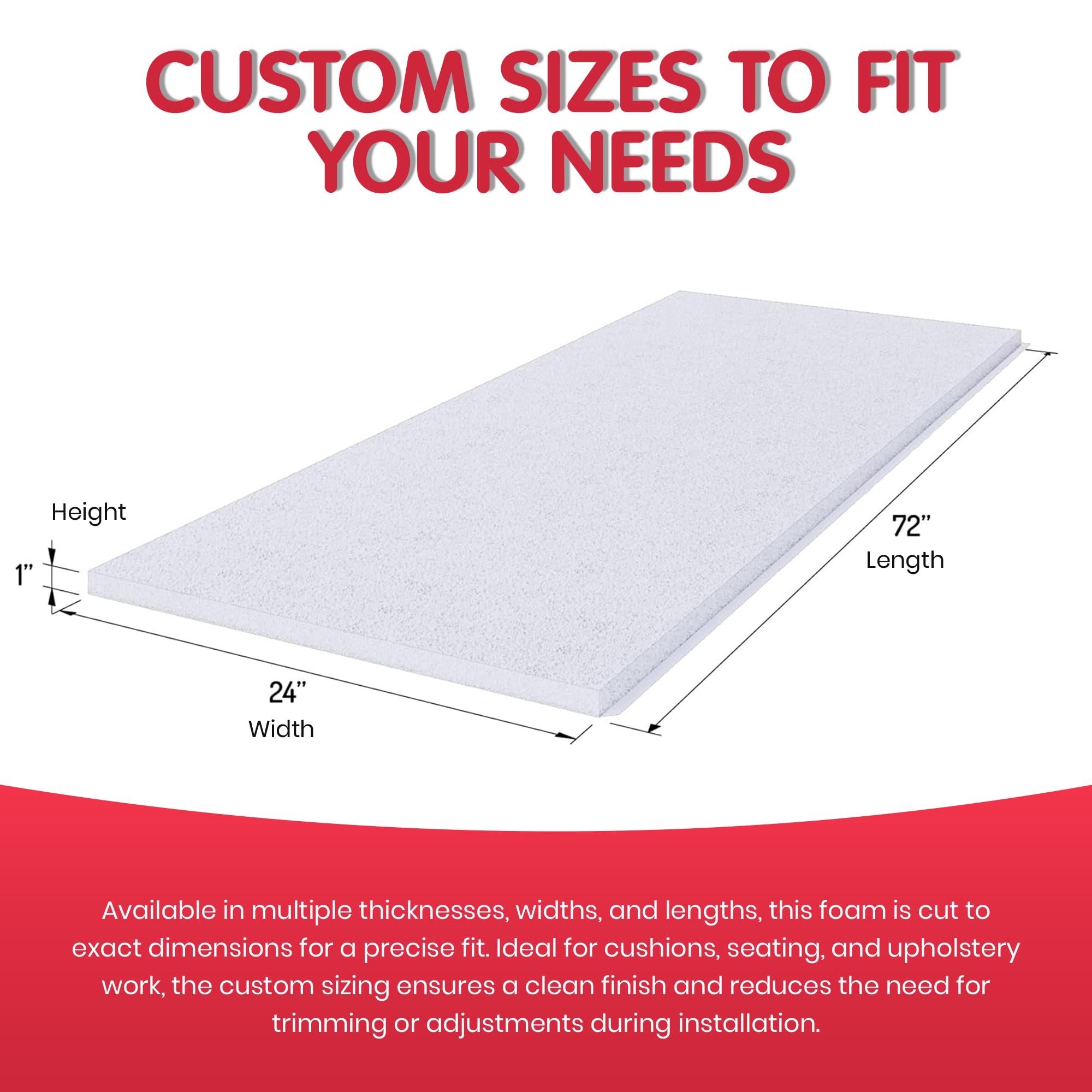 FOAMYFOAM High Density 3 inch Thick, 24 inch Wide, 72 inch Long Upholstery Foam, Cushion Replacement