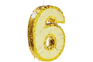 JUVALE Gold Foil Number 6 Pinata for 6th Birthday Party Decorations, Centerpieces, Anniversary Celebrations (Small, 15.5 x 10.5 x 3 in) - Pinatas for Birthday Party