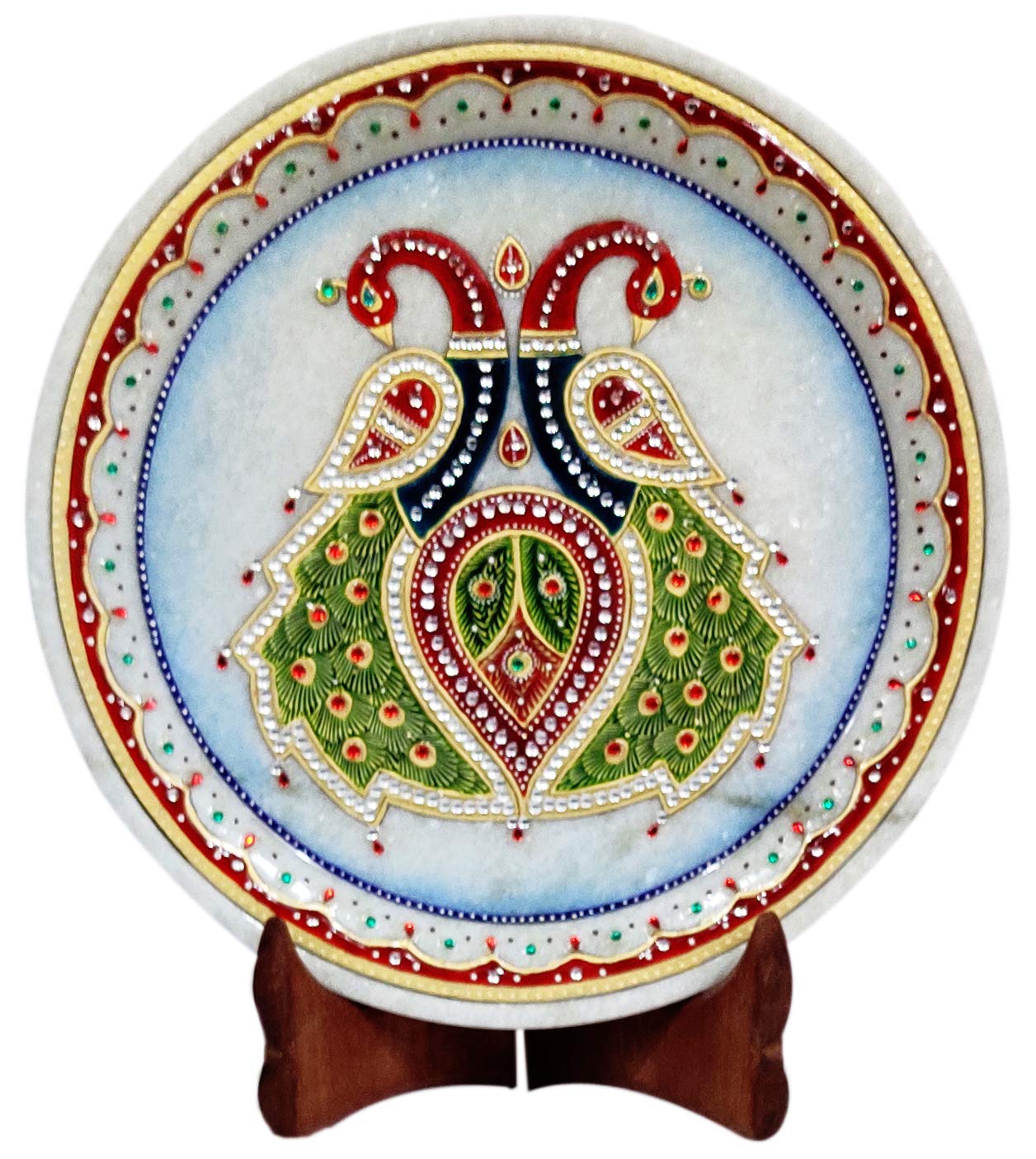 Purpledip Marble Painting Peacock Couple: Hand Painted Tile with Gold Work & Beads, 9x9 Inches (12095)