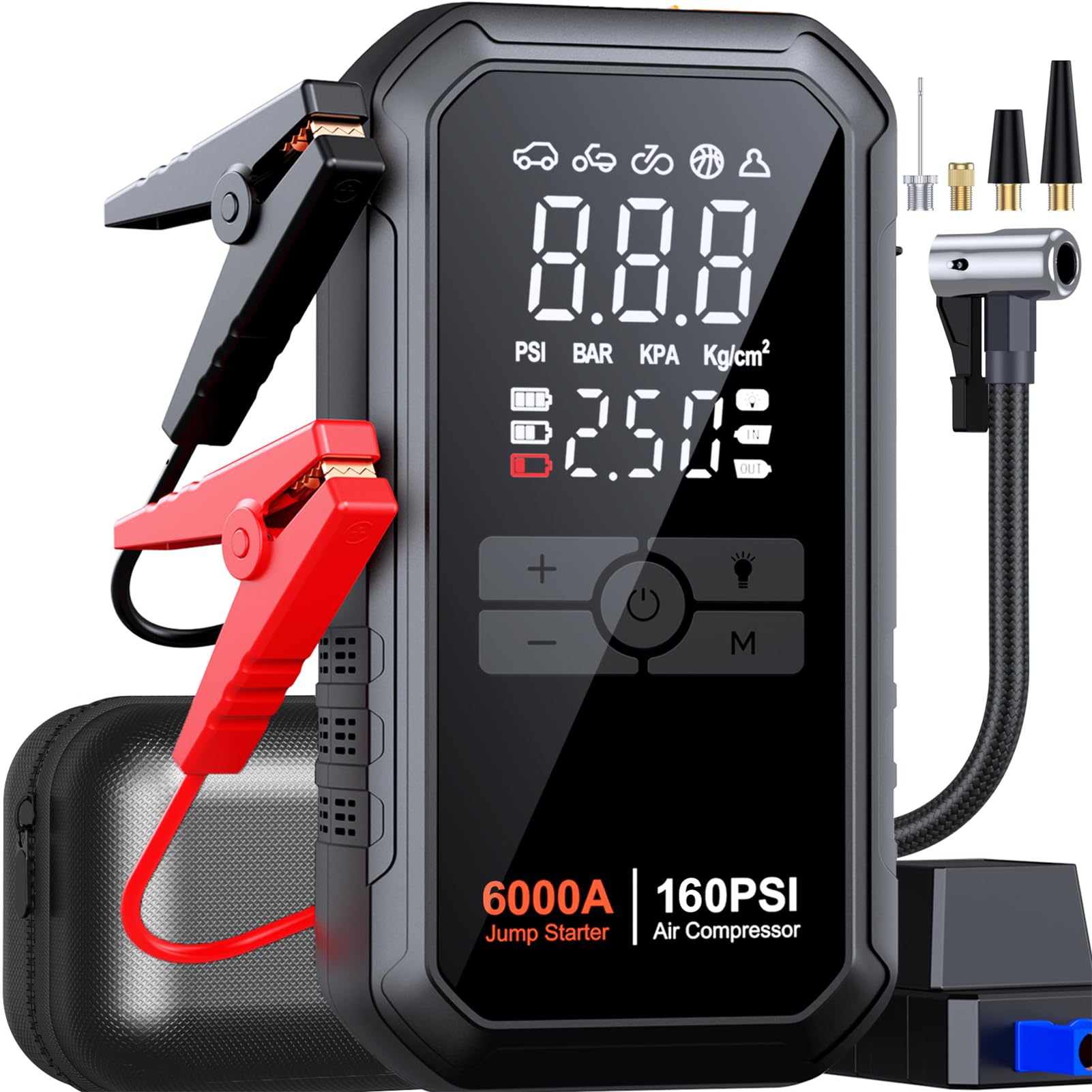 Photo 1 of 10-in-1 Jump Starter with Air Compressor 6000A 26800mAh 160PSI Portable Car Battery Jump Starter (All Gas/12L Diesel), 12V Jump Box Car Battery Jumper Starter Portable Jumper Cables, Lights