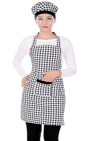 Switchon Branded Cotton Kitchen Apron With Cap In Black And White Checks