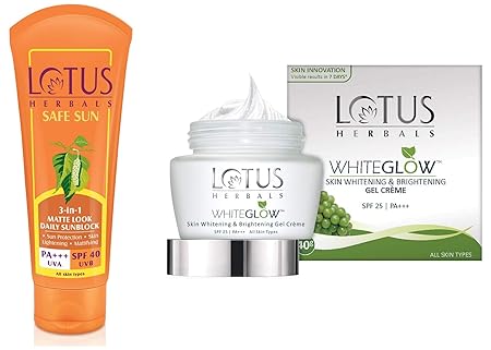 Lotus Herbals Safe Sun 3-In-1 Matte Look Daily Sunblock, SPF 40, 100g & Herbals Whiteglow Skin Whitening And Brightening Gel Cream, SPF-25, 40g Combo
