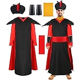 Skicuff 6 Pcs Halloween Arabian Villain Costume Adult Men Deluxe Wizard Cosplay Uniform Outfits with Hat for Halloween Party