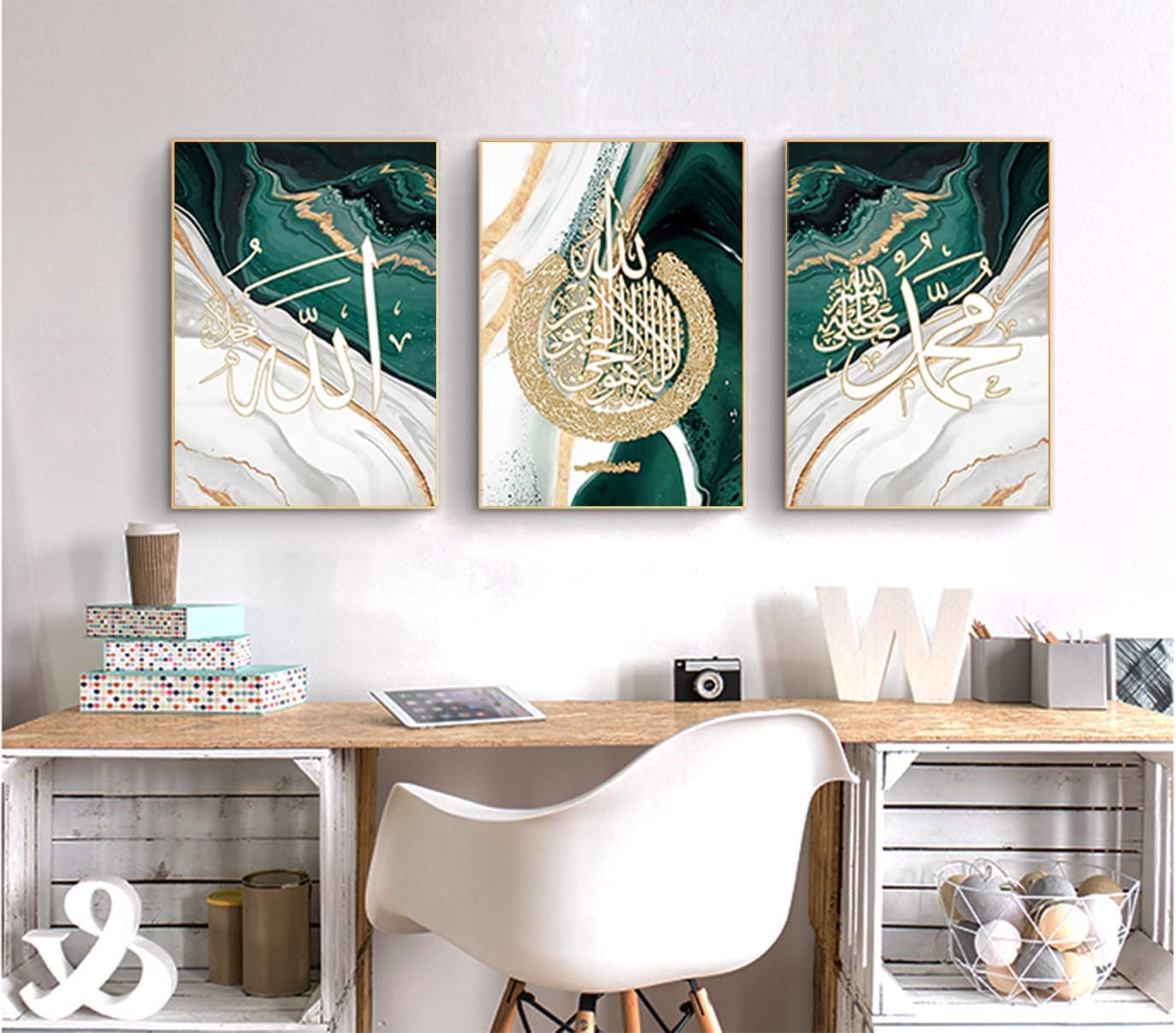 ZFTCN Islamic Poster Arabic Picture Decoration, Quran Poetry Islamic Arabic Calligraphy Decoration Canvas Painting, Frameless (Green, 50 x 70 cm x 3), 50x70cmx3