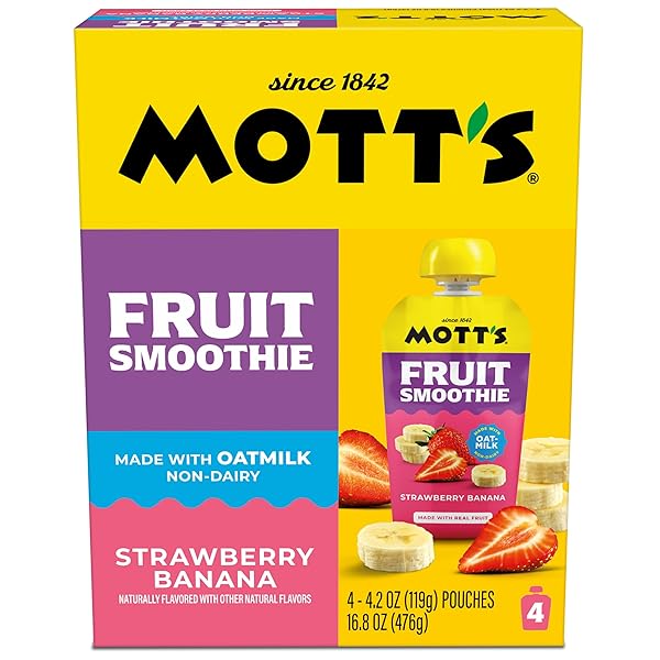 MOTT’S FRUIT SMOOTHIES STRAWBERRY BANANA, 4.2 OZ CLEAR POUCHES, 4 PACK, NON-DAIRY, MADE WITH OATMILK, MADE WITH REAL FRUIT, GOOD SOURCE OF CALCIUM, ON-THE-GO
