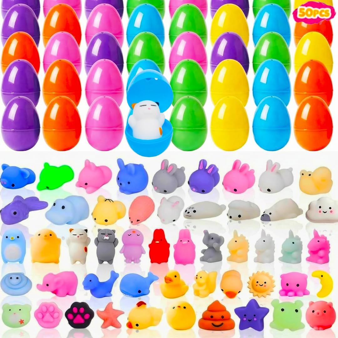 Kiddokids 50 Easter Eggs Prefilled Mochi Squishy, Stress Relief Squishies Toys for Easter Theme Party Favor, Easter Eggs Hunt, Easter Basket Egg Fillers, Classroom Prize Supplies, Goodie Bag Stuffers