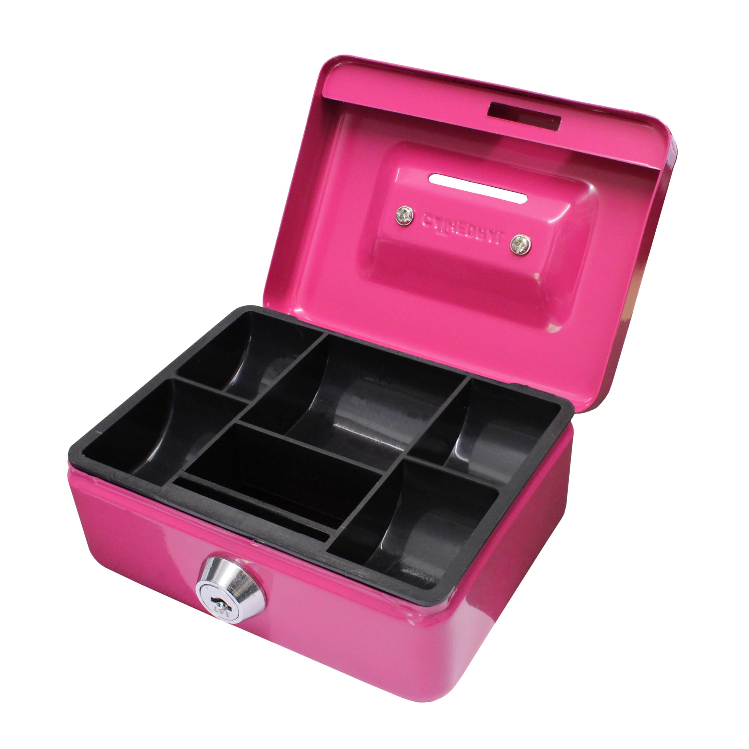 Cathedral Products Key Lockable Cash Box with Coin Slot and Lift Out 6 Compartment Coin Tray - 4 Inch - Pink