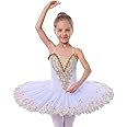 AFAVOM Ballet Leotards for Girls with Platter Tutu Professional Hard Organdy Camisole Skirt Swan Lake Feather Hem Dancewear