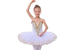 AFAVOM Ballet Leotards for Girls with Platter Tutu Professional Hard Organdy Camisole Skirt Swan Lake Feather Hem Dancewear
