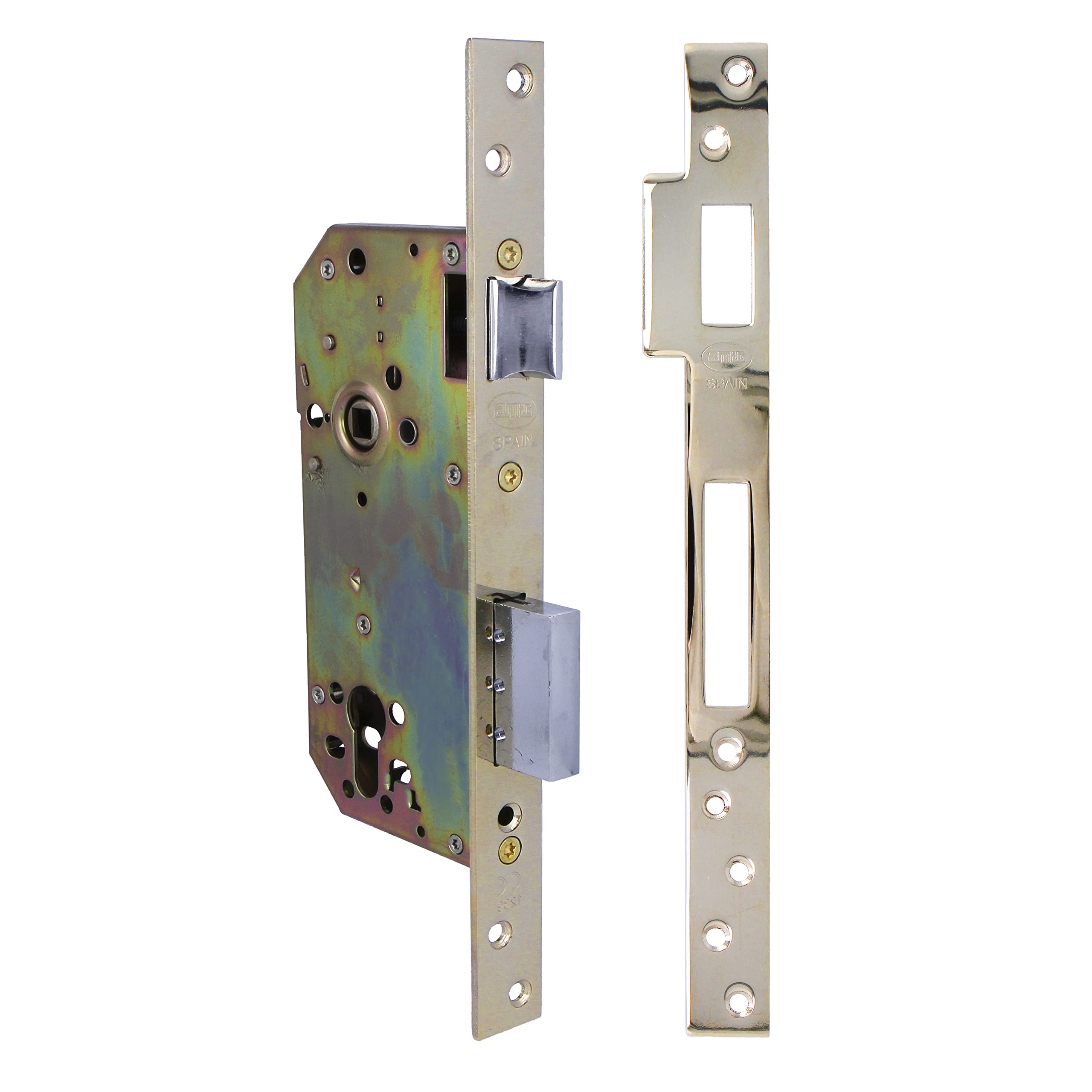 Amig - Wooden Door Mortice Lock | with Locking Lever | Square Edge Front & Bracket | 50mm Entry | Reversible Door Handle | Steel | Gold | 270mm