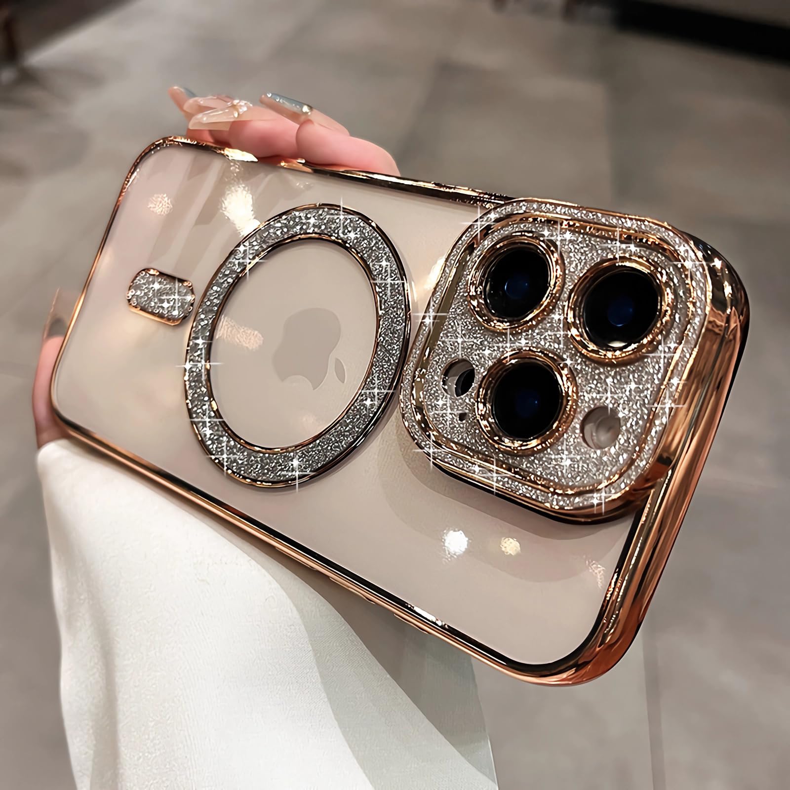 PRFLM Magnetic Glitter Case for iPhone 16 Pro Max 6.9“ [Compatible with MagSafe] [Not-Yellowing] Clear Sparkle Diamond Camera Protection Plating Phone Case for iPhone 16 Pro Max Women Girls - Gold