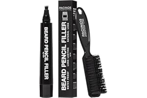 Pacinos Beard Pencil Filler - Water Proof, Long Lasting Coverage & Natural Finish - Beard, Moustache & Eyebrows - Micro-Fork Tip for Seamless Application - Includes Bristle Brush for Blending (Black)