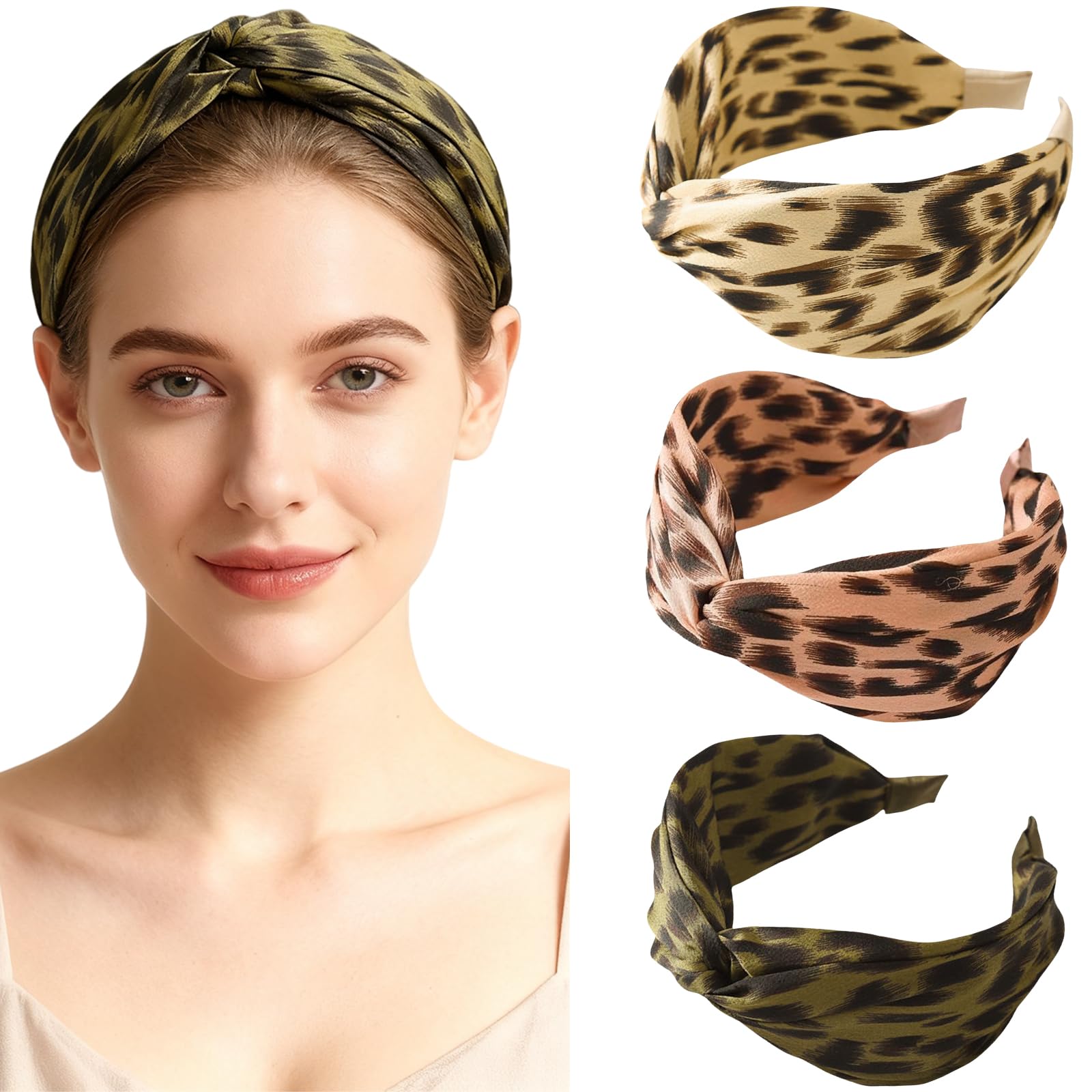 scicent Headband 3 PCS Leopard Print Hair Bands for Women Wide Twist Knotted Bow Hairbands Cheetah Hair Hoops Accessories Cross Head Band - 10916 — image 1