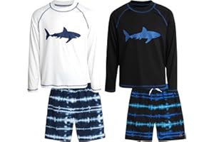 Big Chill Boys' Rash Guard Set - 4 Piece UPF 50+ Long Sleeve Swim Shirts and Trunks Set - Quick Dry Swimsuits for Boys (4-14)