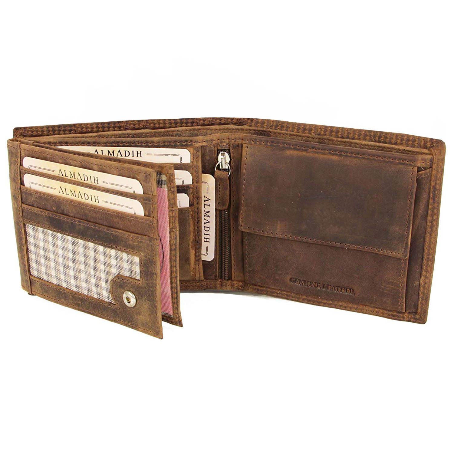 ALMADIH Leather Wallet landscape format 15 card slots with gift box P2Q Brown Vintage Premium Cow Leather - Men Purse Credit Card Case Holder Coin storage pouche ID window note case Genuine