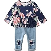 CARETOO Girls Clothes Outfits Cute Baby Girl Floral Long Sleeve Pant Set Flower Ruffle Top
