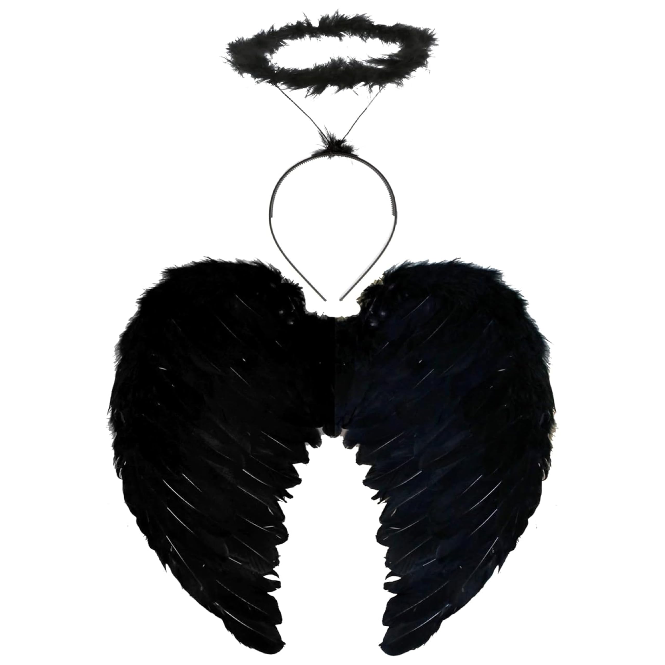 Ladies Dark Angel Costume Set - Black Feather Wings and Black Marabou Halo - Adults Dark Angel Fancy Dress Costume Accessory Set