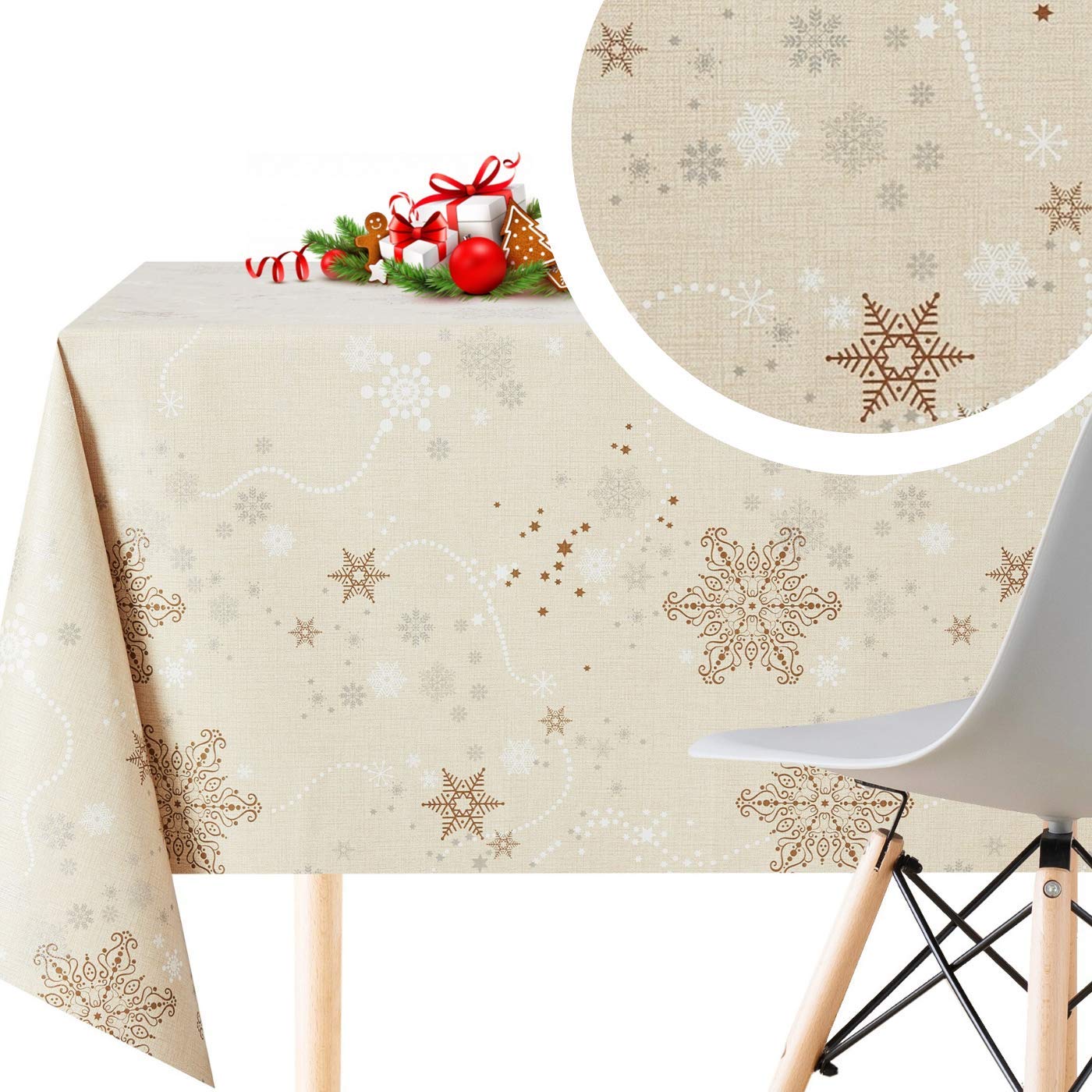 KP HOME Wipe Clean Tablecloth Rectangular 78.7x55.1 In (200x140cm) Beige Waterproof Christmas Plastic Table Cloth With Gold & White Snowflakes - Wipeable PVC Large 6 Seat Oilcloth Table Cover for Xmas