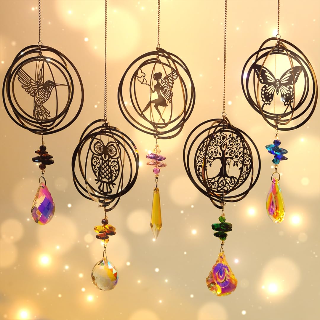 Sun Catcher Crystal Wind Chime, Pack of 5 Tree Owls Hummingbird Butterfly Fairy Crystal Pendant Decoration, Rainbow Suncatcher Crystal, Window Decoration, Hanging for Home, Office, Garden, Outdoor