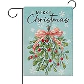 Dyrenson Merry Christmas Holly Berries Decorative Garden Flag, Mint Green Xmas Plaid Bow Ribbon Yard Outside Home Decoration, Winter Holiday Snowflake Burlap Outdoor Small Decor Double Sided 12 x 18