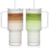 INSETLAN 26oz Raindrop Glass Tumbler with Handle and Lid, Set of 2 – Reusable Iced Coffee Cups with Lids, Clear Glass Cups with Straw for Coffee, Smoothies, Tea, Juice – Perfect for any Occasion