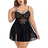 Avidlove Plus Size Lingerie Lace Babydoll Womens Strap Chemise Nightgown V Neck Nighty Mesh Sleepwear Side Slit Nightdress
