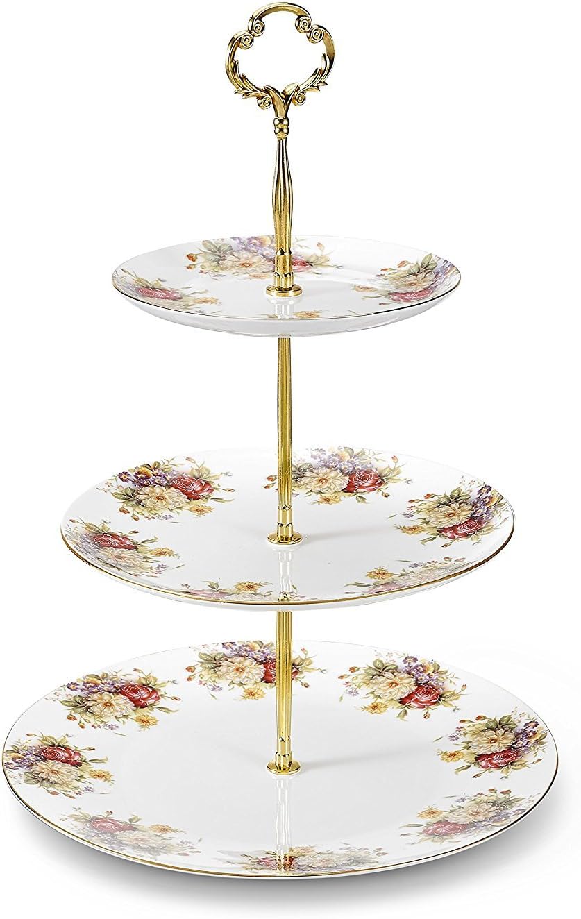 TouchLife 3 Tier Porcelain Round Cake Plate Stand Dessert Display Cakes Platter Food Rack,White & Red,Height:14.5Inch/Diameter:6Inch&8Inch&10Inch