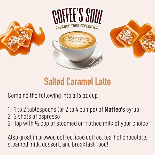 MATTEO’S SALTED CARAMEL SYRUP FOR COFFEE, LATTES, CAPPUCCINOS & DESSERTS – SUGAR-FREE SWEETENER FOR BEVERAGES, KETO FRIENDLY, ZERO CALORIES, INDULGENT FLAVOR, NON-ALCOHOLIC, 33.8OZ (1PK)