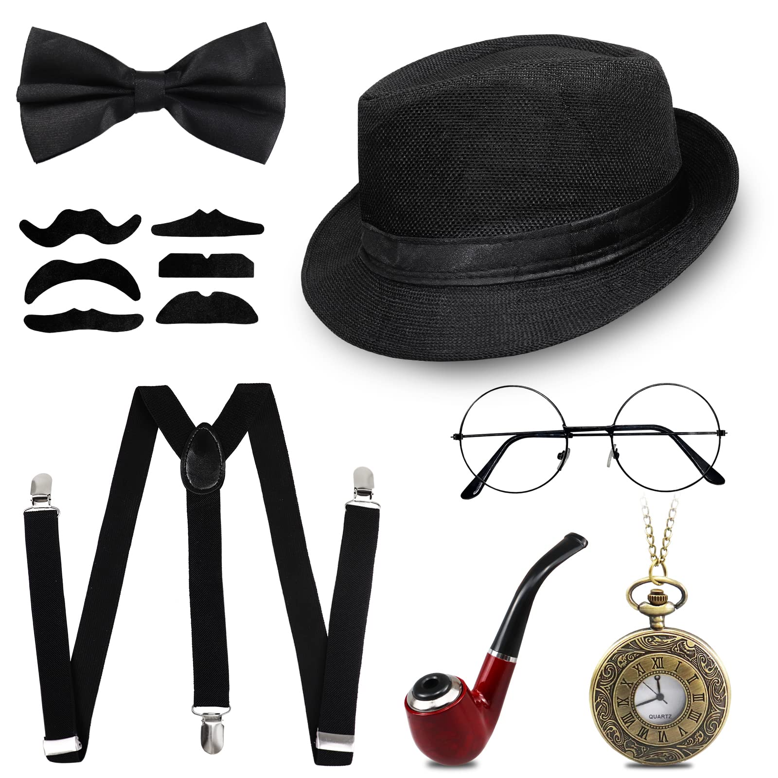 Grantop 1920s Gatsby Costume for Men,1920s Men Fancy Dress Accessories Set,Retro Gangster Costume Kit with Panama Hat Elastic Suspenders Mustache Pocket Watch Cigar — image 1