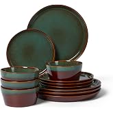 Pokini Ceramic Plates and Bowls Sets for 4, 12pcs Dinnerware Sets, Dish Set | Reactive Glaze Stoneware Dishes Set, Microwave &amp; Dishwasher Safe, Scratch Resistant, Easy Cleaning Dishware sets, Brown Green