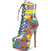 Aachcol Women Ankle Boots Short Bootie Platform Stiletto High Heel Round Toe Dress Shoes Lace-up Patent 6.5 Inch