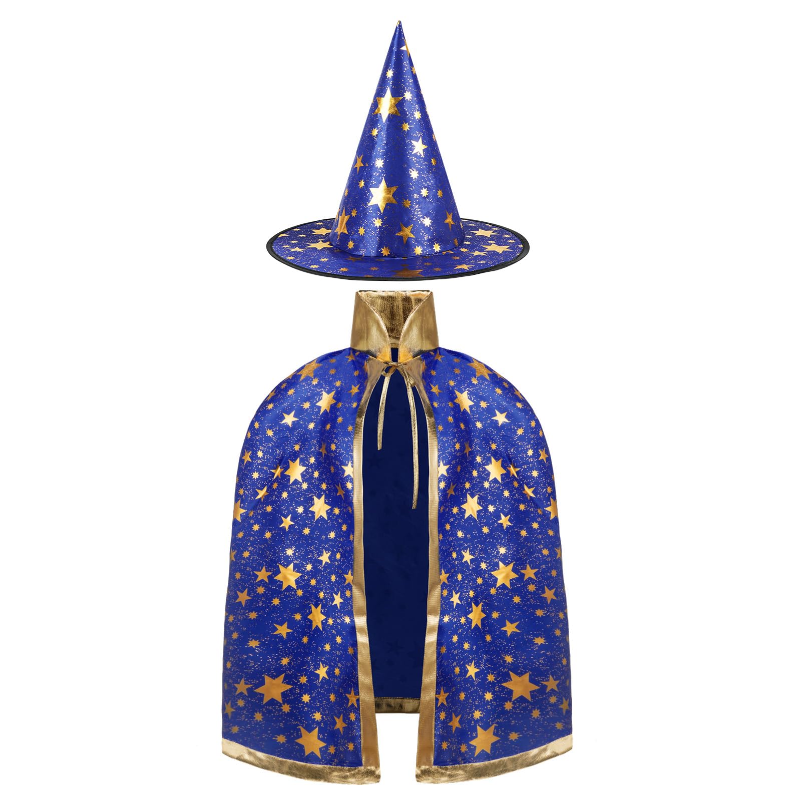 AYBUY Wizard Cape Witch Cloak Kids, Witch Costume Cloak and Hats for Kids, Halloween Costume Props Costume with Golden Stars Pattern for Children, Girls Halloween Party Cosplay Costumes (Blue)