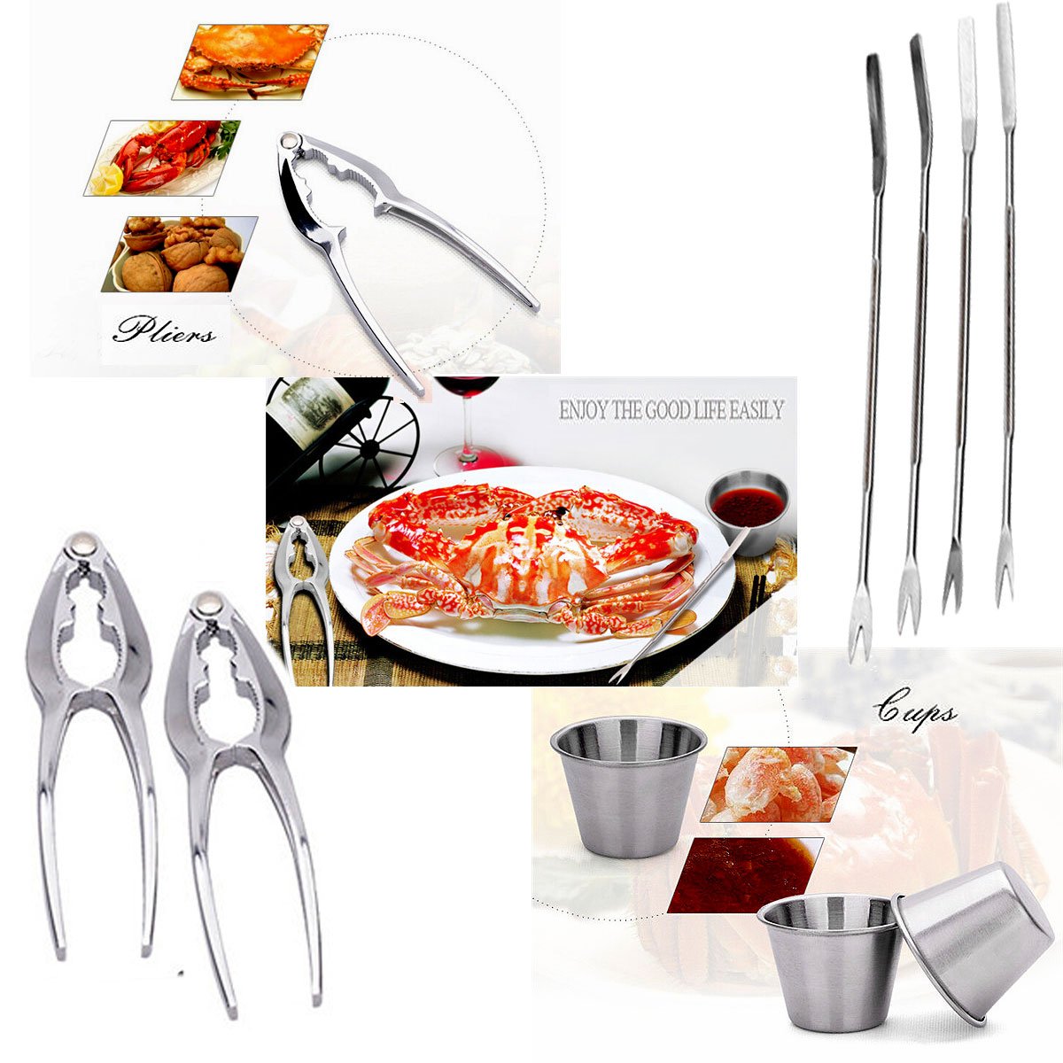 The Wolf Moon® Seafood Tool Kit, 8 Piece Includes 2 x Lobster Crackers + 4 x Stainless Steel Seafood Forks + 2 x Stainless Steel Individual Condiment Sauce Cups