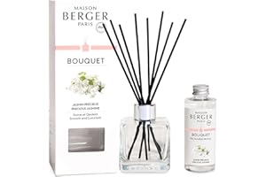 MAISON BERGER - Reed Diffuser Clear Glass Scented Bouquet - 8 Black Reed Sticks (8.3 inches) - Includes 100 Milliliters (3.4 Fluid Ounces) Fragrance Refill (Precious Jasmine)