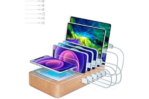 OTESS Fastest Charging Station for Multiple Devices,5 USB Ports with 1 Qi Charging Pad,6 Mixed Cable Included, for Apple/AirPods/iPad/Samsung/Android/Tablet, Christmas for Lovers