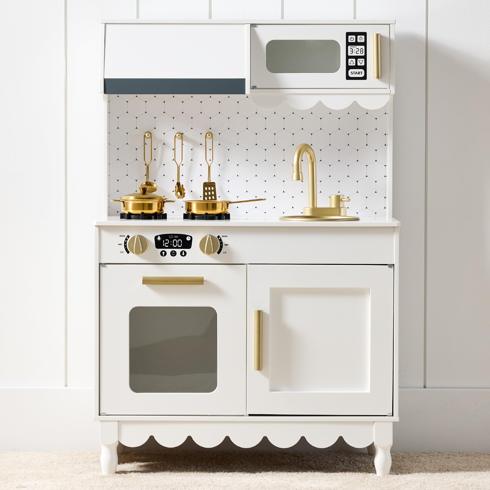 Best Choice Products Toddler Kitchen Playset, Wooden Cottage Kids Play Kitchen with 5 Accessories, Toy Storage, Scalloped Edge, and Pretend Play Microwave, Oven, Clicking Knobs - White