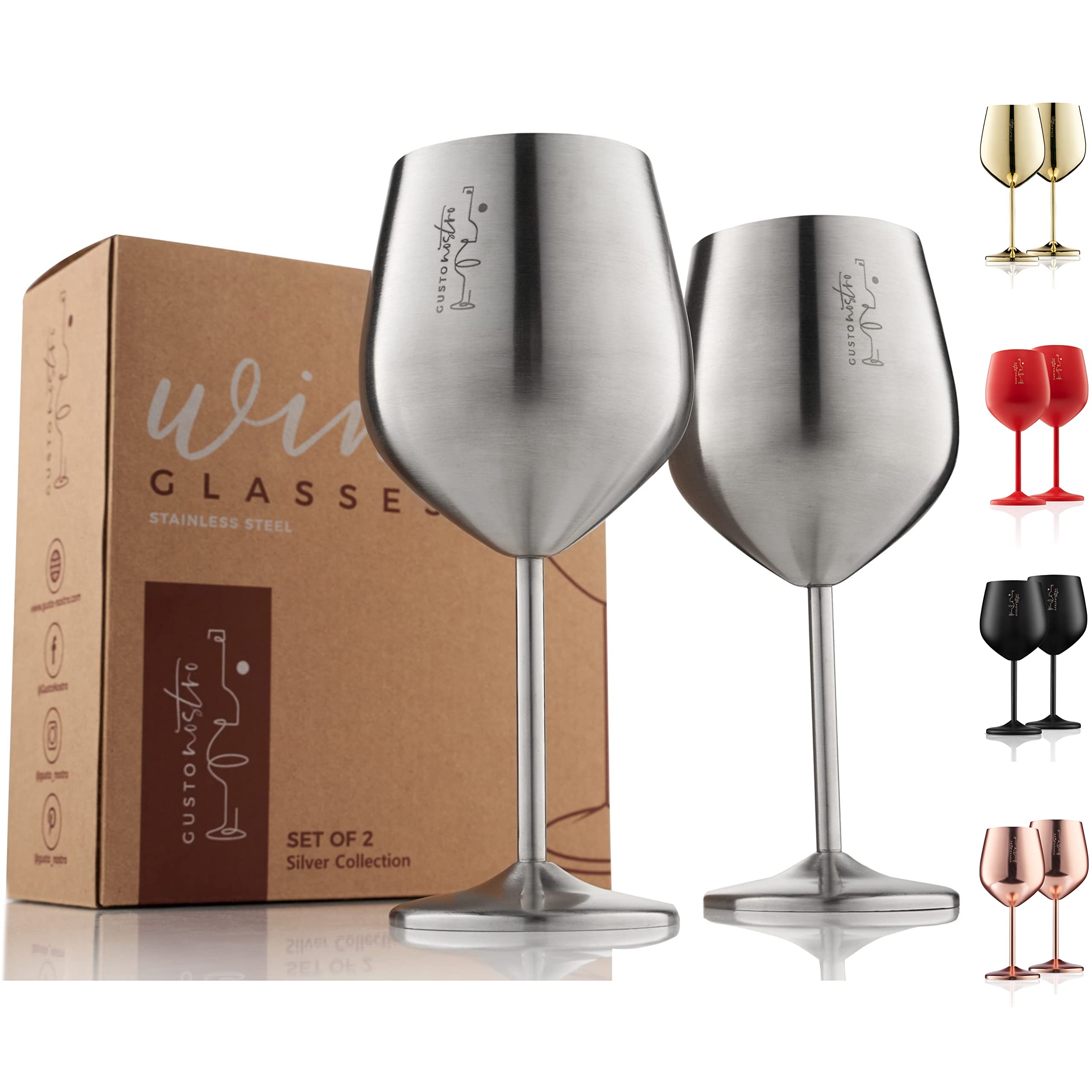 Gusto Nostro Stemmed Stainless Steel Wine Glasses – 18 oz Unbreakable Goblets for Outdoor Pool Party, Anniversary and Wedding Toasting – Elegant Silver