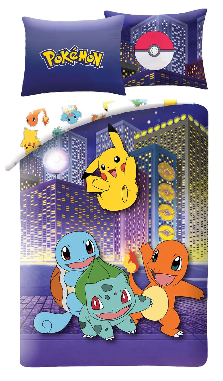 Pokemon City Reversible Bedding Set, Duvet Cover 140 x 200 cm and Pillowcase, 100% Polyester