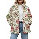 Akivide Women's Winter Casual Cute Floral Fleece Jacket Oversized Soft Warm Fuzzy Button Sherpa Coat