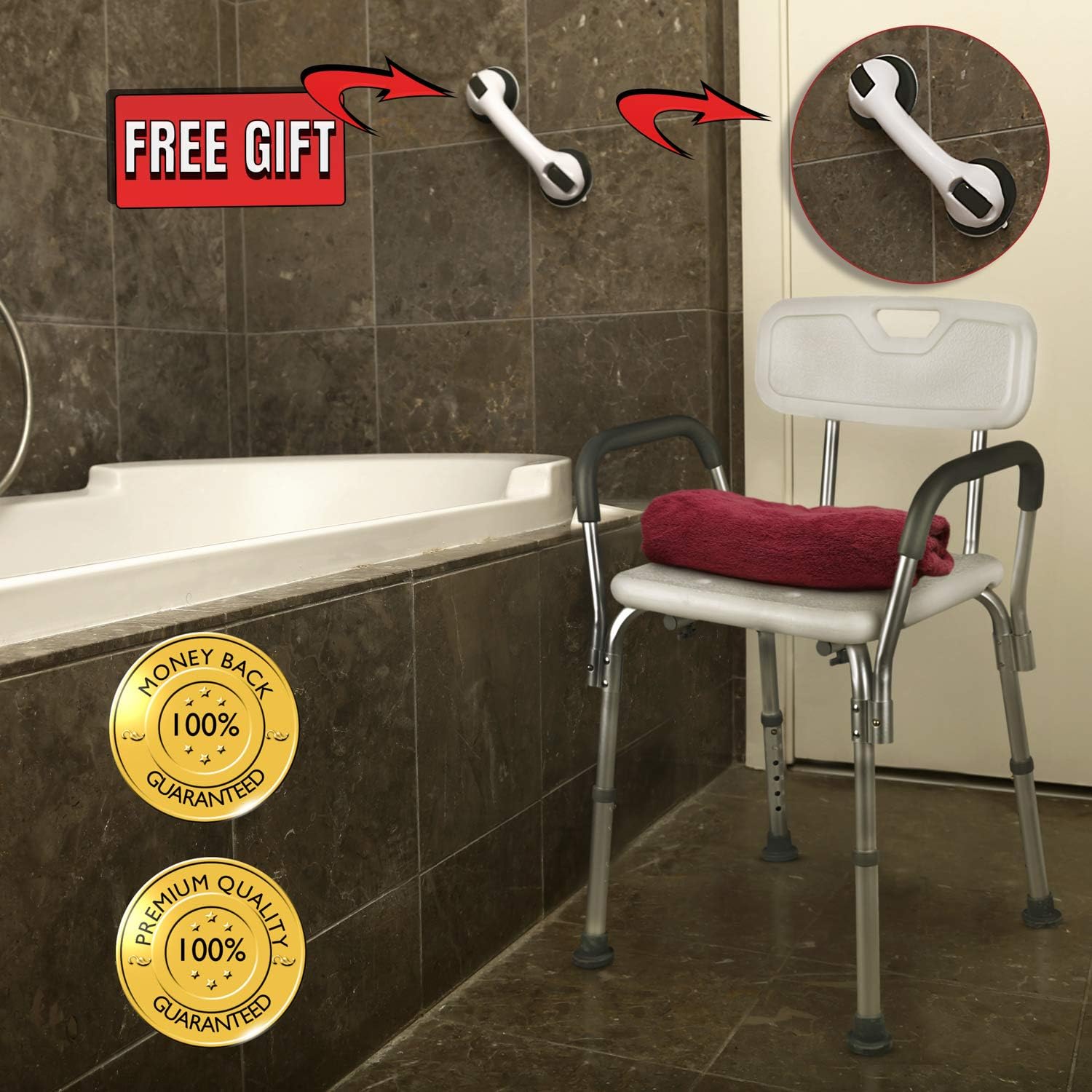 Dr. Maya Adjustable Shower Chair with Back and Arms - Free Suction Assist Grab Bar - Anti-Slip Bench - Bathtub Seat for Bathroom Safety: Health & Personal Care