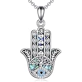 Hamsa Hand Evil Eye Necklace 925 Sterling Silver Hand of Fatima and Tree of Life Abalone Shell Pendant Necklaces Jewelry Gifts for Women Men, 18"+2"