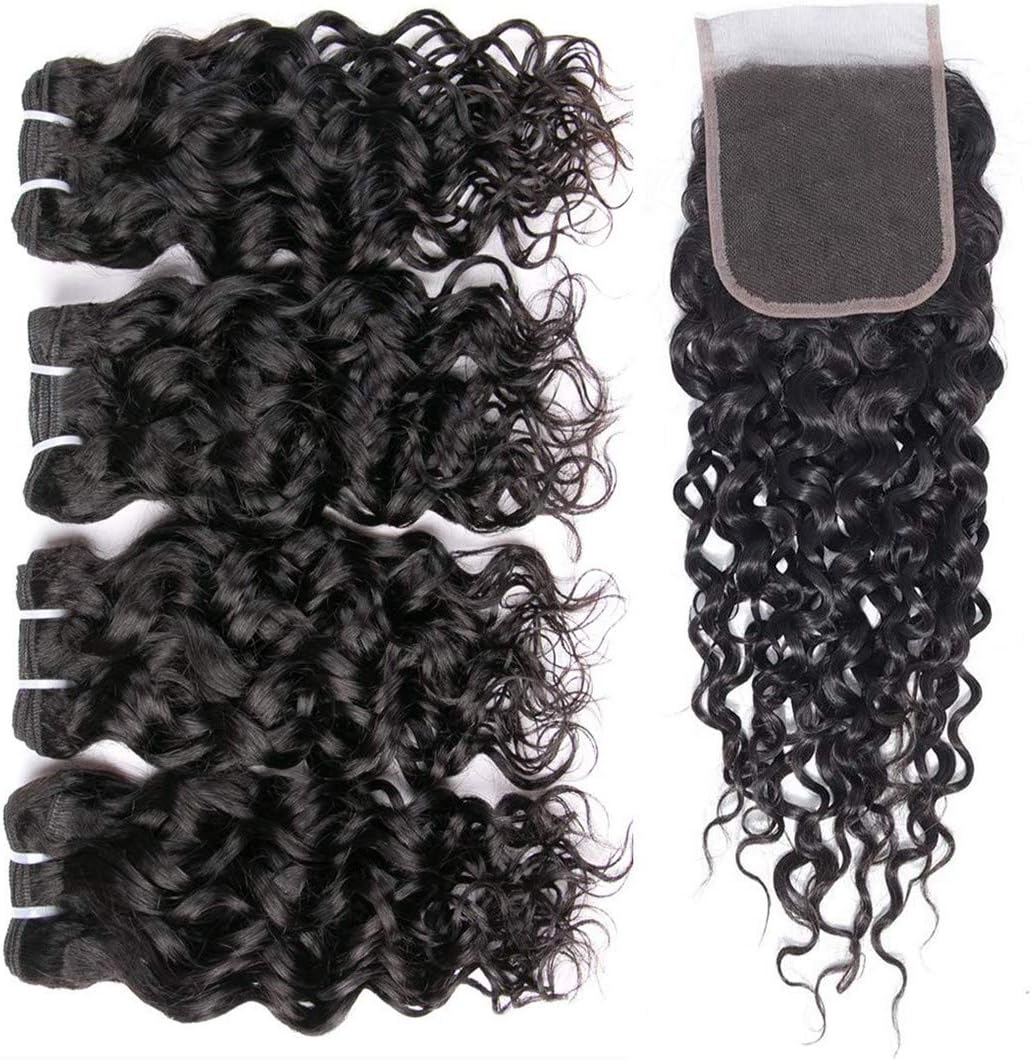 Luxnovolex Water Wave Bundles with Closure Wet Wavy Curly For Bob Wigs Sewn In 4 Bundles with Closure Brazilian Human Hair Bundles Deals Hair Extension 50g/Bundle(10 10 10 10 with 10)