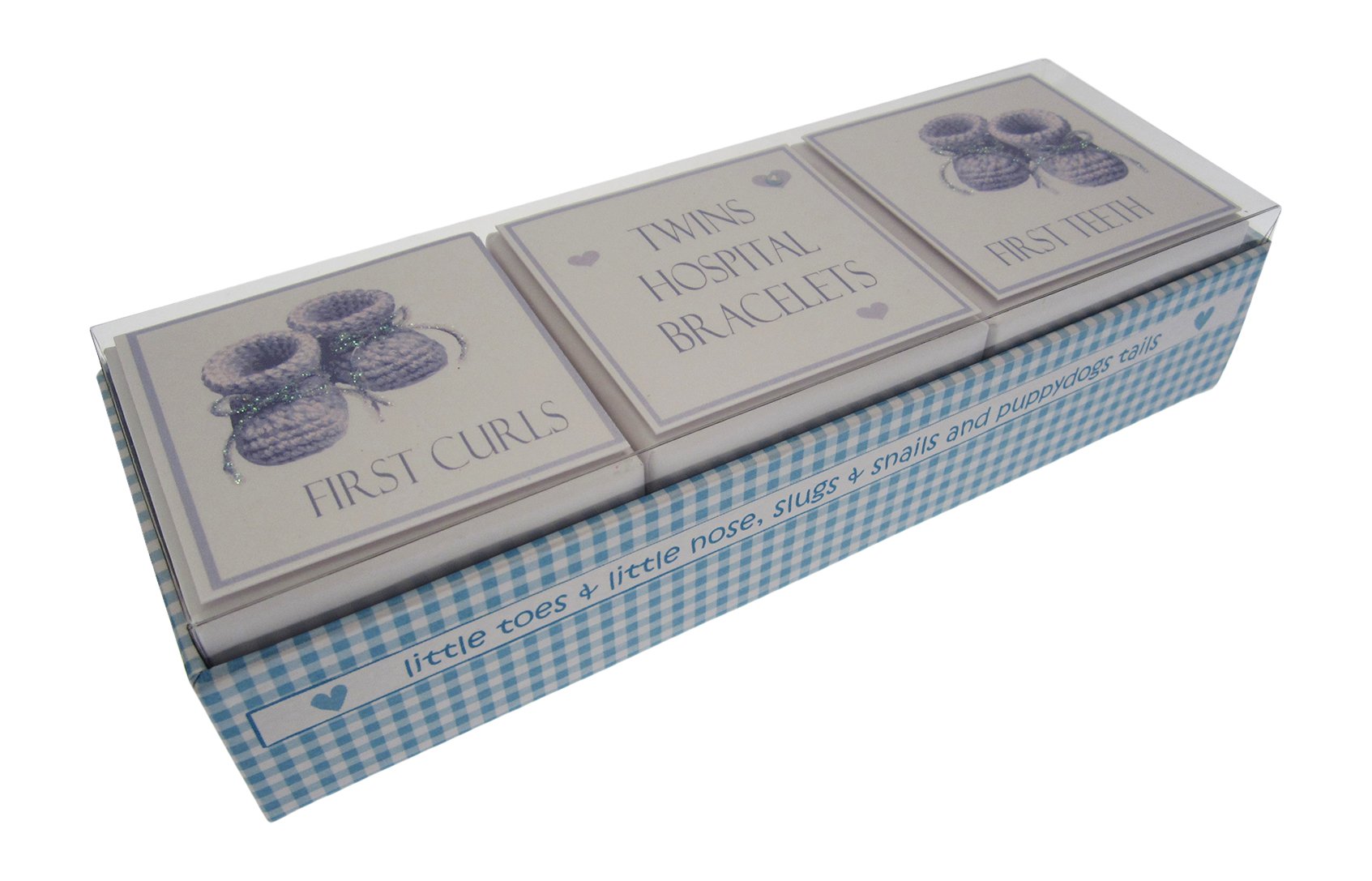 White Cotton Cards Twins First Curl/Bracelet/Tooth 3-in-1 Keepsake Box Set (Blue Booties)