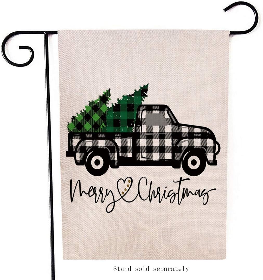 Artofy Merry Christmas Garden Flag, Decorative Xmas Outdoor Flag Sign Buffalo Check Plaid Truck Black White, Rustic Burlap House Yard Flag Winter Outside Decoration Holiday Home Decor Flag 12 x 18