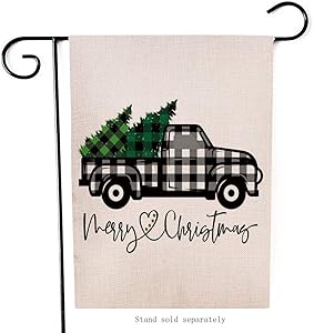 Artofy Merry Christmas Garden Flag, Decorative Xmas Outdoor Flag Sign Buffalo Check Plaid Truck Black White, Rustic Burlap House Yard Flag Winter Outside Decoration Holiday Home Decor Flag 12 x 18