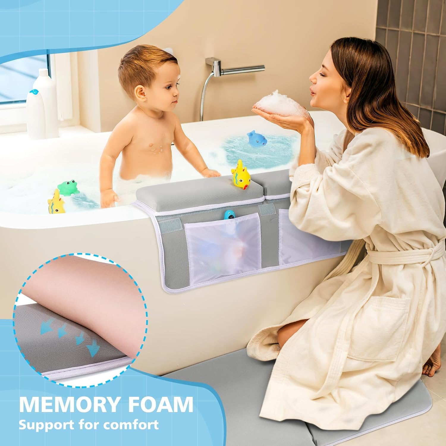 Bath Kneeler and Elbow Rest Pad Set - Gray Green - 1.5 inch Extra Thick Baby Bathtub Kneeling Pad and Removable Elbow Pad,with Baby Bath Toys and Organizer Pockets - Easy to Clean-Tiikiy